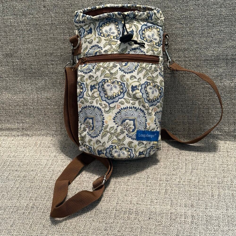 Longaberger Floral Water Bottle Holder Crossbody Bag Blue Brown Adjustable Strap